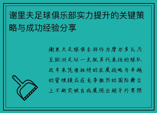 谢里夫足球俱乐部实力提升的关键策略与成功经验分享 谢里夫足球俱乐部实力提升的关键策略与成功经验分享