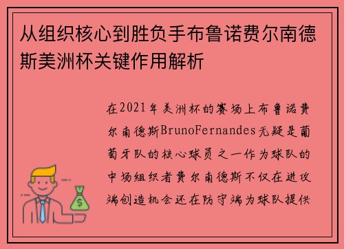 从组织核心到胜负手布鲁诺费尔南德斯美洲杯关键作用解析